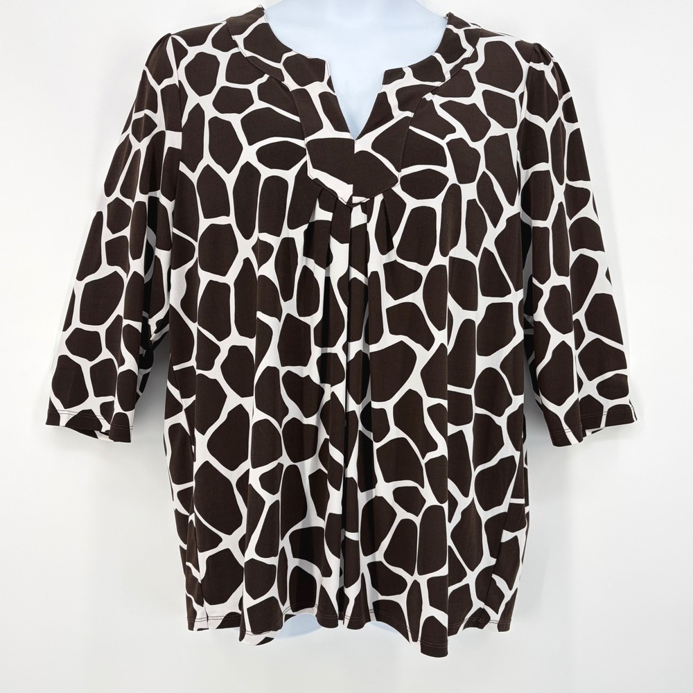 Rafaella Blouse Giraffe Print Split Neck Pleated Safari Chic 2X Office Teacher